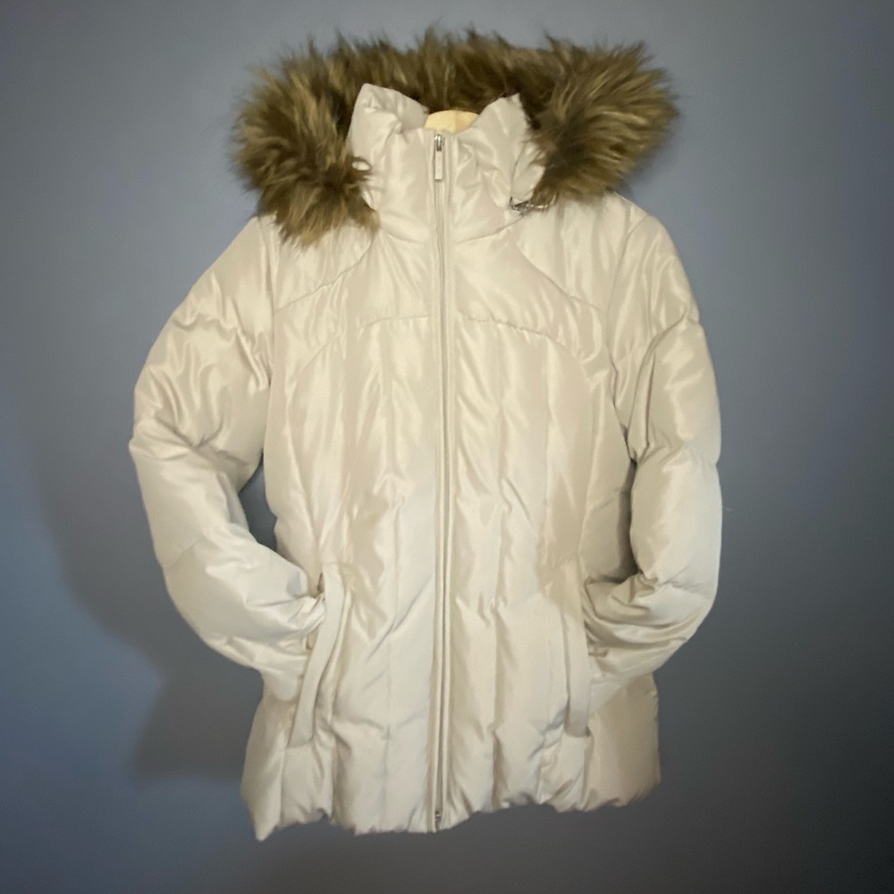 Calvin Klein Cream Ski & Snow Jacket with Fur Hood